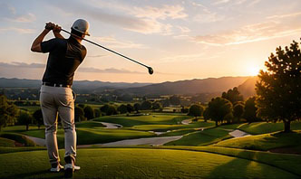 Golf clubs at sunset